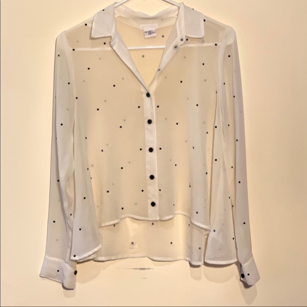 Sheer polka dot jeweled button up